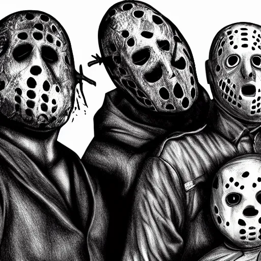 Image similar to photorealistic JasonVoorhees, Freddy Krueger, Leatherface and Ghostface posing for a family picture together