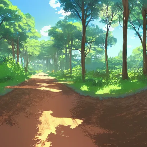 Prompt: deep muddy forest on a sunny day walkway panorama, blooming, animation background painting gouache by disney kyoto animation makoto shinkai