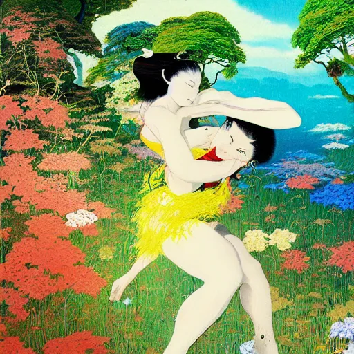 Prompt: a painting combining the styles of Hiroo Isono and Frank Frazetta