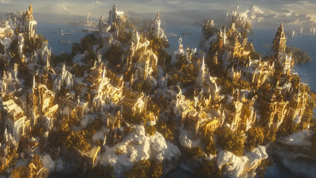Image similar to a snow white and golden city flying with a floating island, sky island, white, pure white and gold, fantasy artwork, very very very beautiful scenery, hd, hdr, ue5, ue6, unreal engine 5, cinematic 4k wallpaper, 8k, ultra detailed, high resolution, artstation, award winning