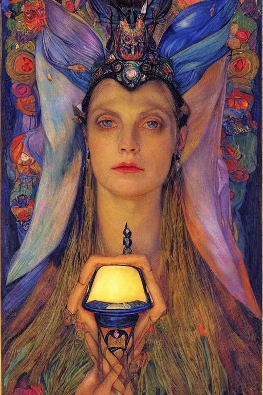 Prompt: queen of twilight with her lantern, by Annie Swynnerton and Diego Rivera and Tino Rodriguez , elaborate headdress and embroidered velvet, iridescent beetles, rich color, dramatic cinematic lighting, extremely detailed