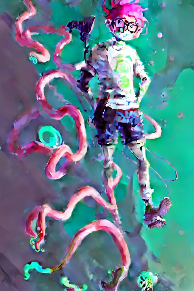 Image similar to a beautiful fullbody portrait of a cute splatoon anime boy with pink hair and green eyes wearing sports clothing tight leggings. character design by cory loftis, fenghua zhong, ryohei hase, ismail inceoglu and ruan jia. artstation, volumetric light, detailed, photorealistic, fantasy, rendered in octane