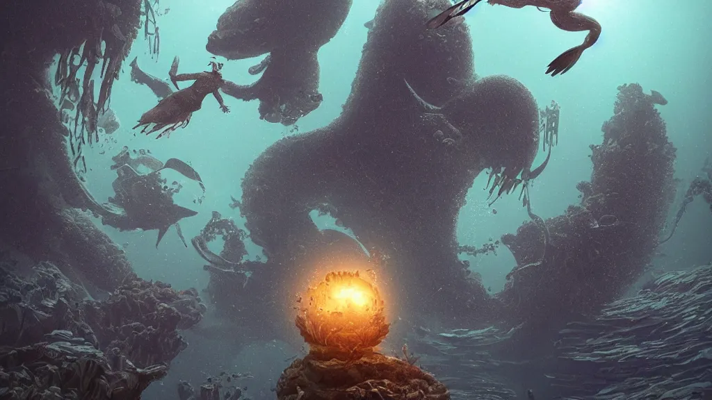 Prompt: An diver is under the sea, he has a big egg with him, he is swimming away from the giant Leviathan that is behind hunting him, the Leavithan is evil, this is an extravagant planet with wacky wildlife and some mythical animals, the background is full of ancient ruins, the ambient is dark with a terrifying atmosphere, by Jordan Grimmer digital art, trending on Artstation,