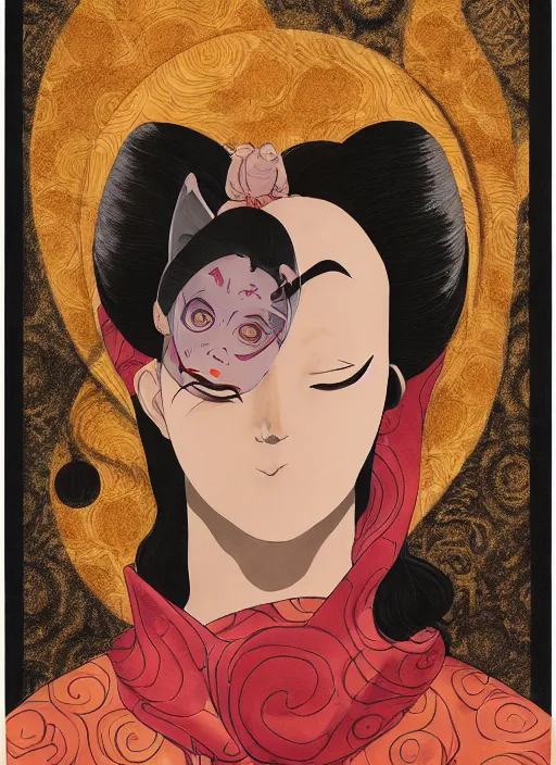 Image similar to portrait of a woman with a mask on his face in the form of a spiral in a golden kimono, full face, against the background of a bright red moon, sad motif, by hisashi eguchi, kentaro miura, and yoshitaka amano, soft colors, futuristic, 8 k