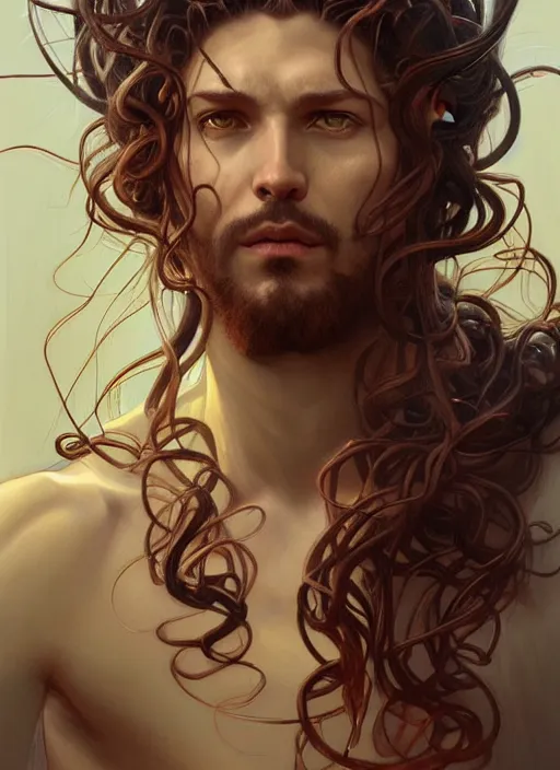 Image similar to male medusa, highly detailed, digital painting, artstation, concept art, smooth, sharp focus, illustration, art by artgerm and greg rutkowski and alphonse mucha