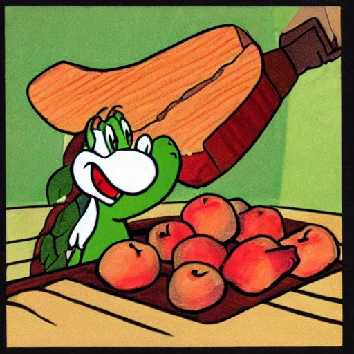 Image similar to cartoon of yoshi eating a pile of apples