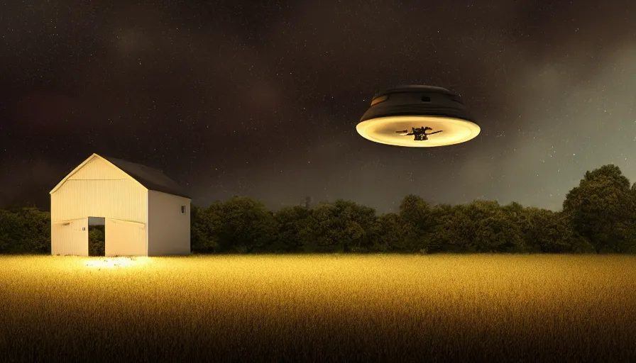 Image similar to a ufo floats over a barn with a broken roof, debris is ascending toward the ufo, volumetric lighting, night, photorealistic rendering, color palette, 8 k