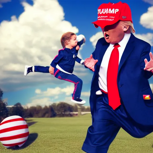 Image similar to trump chasing a child, octane render, highly detailed, hyper realistic.