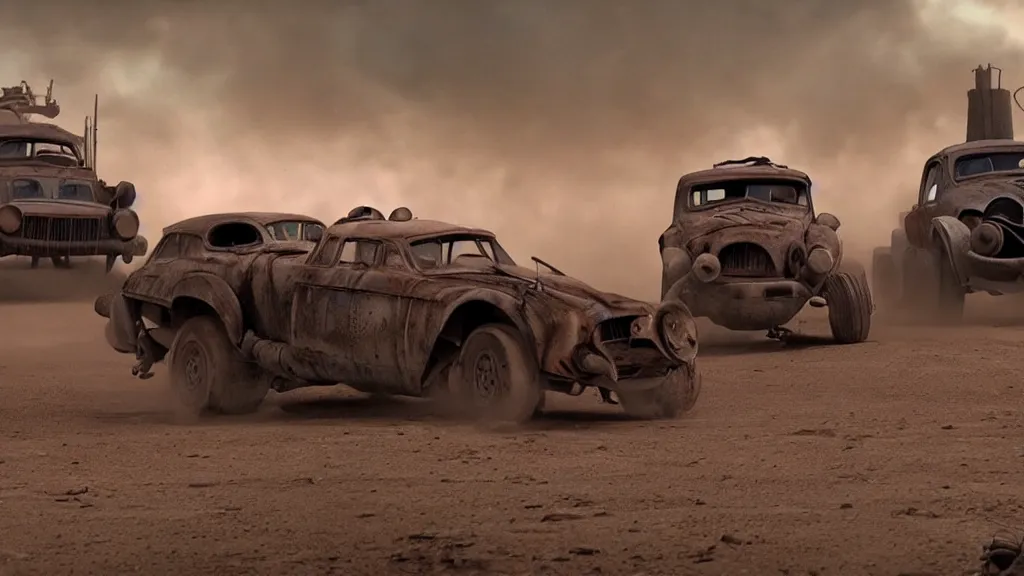 Image similar to pixar cars in mad max fury road, war boys, furiosa, imax