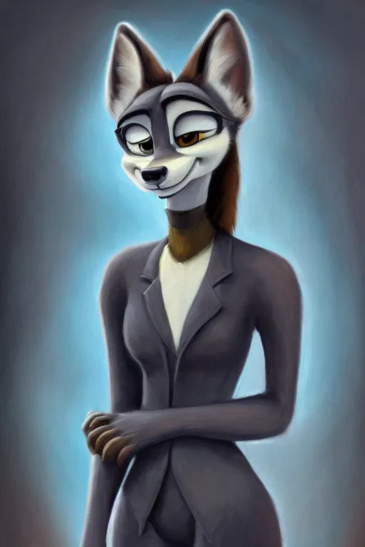 Image similar to oil painting of anthromorphic female wolf, in style of zootopia, female fursona, furry, furaffinity, 4 k, deviantart, furry art, fursona art, wearing black business suit, business suit, wolf fursona, female, very expressive detailed feminine face,