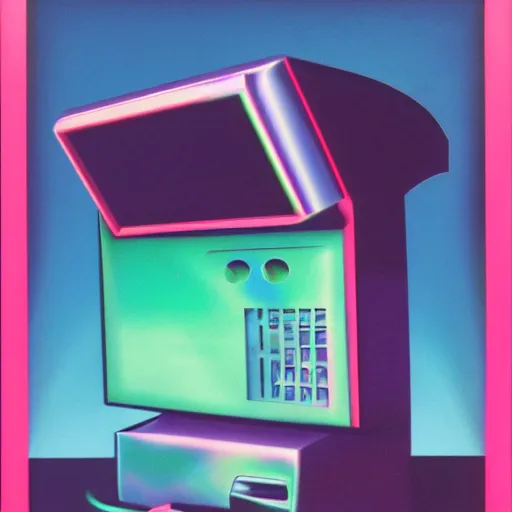 Image similar to 8 0 s airbrushed portrait of a desktop computer above a chrome moon, 8 0 s art, vintage, airbrush, bright colors, grainy, retro, behance, magazine