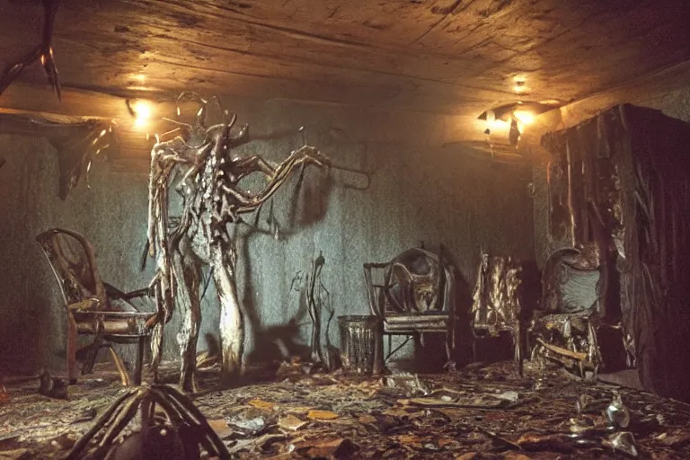 Image similar to film still of an oily monster abomination with carapace and antennae clinging to the ceiling of an old cabin's living room, horror movie, eerie, creepy, dark, amazing lighting, great cinematography, directed by scott derrickson