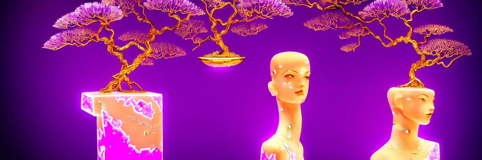 Image similar to beautiful mannequin sculpted out of amethyst by billelis + lit with geometric neon dripping gold + kintsugi, facing a doorway opening with neon pink geometric fractal light + flowering bonsai trees + lighting in background!!, transcendent, clean linework, dramatic, finely detailed, award winning, 4 k, trending on artstation, photorealistic, volumetric lighting, octane render