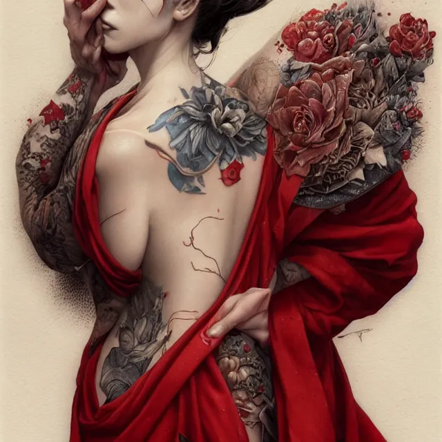 Prompt: ultra realistic illustration, beautiful woman dressed in red kimono, backview, tattoos, in the style of peter mohrbacher by weta digital and beth cavener, high face symmetry, intricate, masterpiece, award winning, high face symmetry, intricate