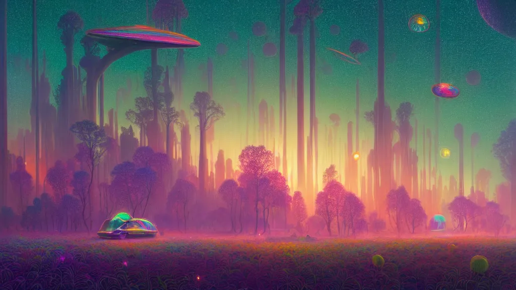 Prompt: highly detailed holographic iridescent sci fi world with forests, fireflies, deserts, oceans, at dusk, by gilbert williams, by simon stalenhag, by beeple, by bruce pennington, by moebius, juxtapoz, dynamic composition, octane render, with many different pastel shades of blue pink orange yellow green, beautiful lighting, prismatic