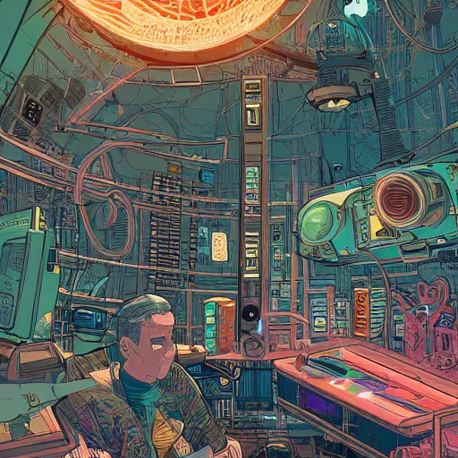 Image similar to cyberpunk explorer playing video games in his treehouse, highly detailed, 4k, midnight, by Victo Ngai and James Gilleard , Moebius, Laurie Greasley