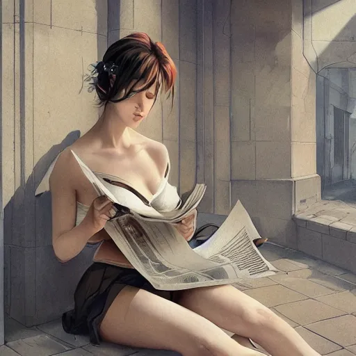 Prompt: seductive goddes reading newspaper in modern city in the style of Durand and greg rutkowski, beautiful, geometric, trending on artstation, cinematic