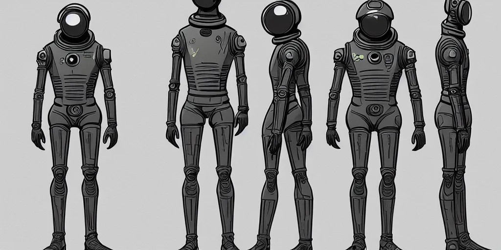 Image similar to male, fully body, elongated figure, science fiction space suit with a helmet, large shoulders, short torso, long thin legs, tiny feet, character sheet, funko, digital sketch, hyperdetailed, dieselpunk, stylized character design, concept design, in the style of mike mignola