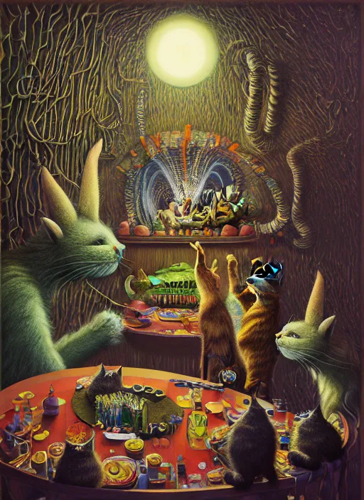 Image similar to hyper detailed 3d render, Oil painting, a cat dinner party - where the wild things are by Jacek Yerka, Mariusz Lewandowski, Houdini algorithmic generative render, Abstract brush strokes, Masterpiece, Edward Hopper and James Gilleard, Zdzislaw Beksinski, Mark Ryden, Wolfgang Lettl, hints of Yayoi Kasuma, octane render, 8k