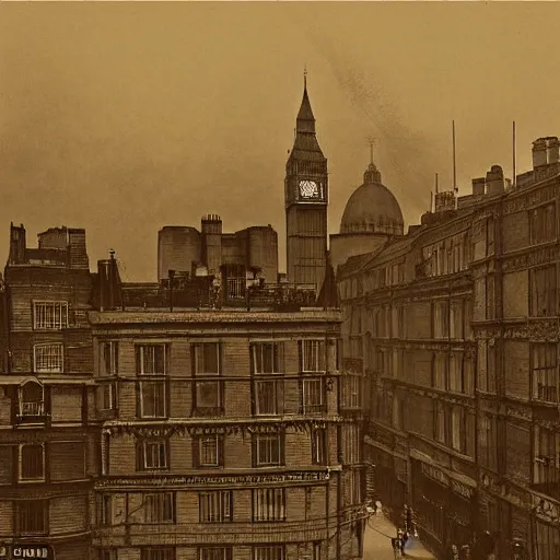 Prompt: the kind of London other Londons dream: sepia tinted, skies strung with dirigibles, the viciousness of empire acknowledged only as a rosy backdrop glow redolent of spice and petalled sugar, 1900 photo