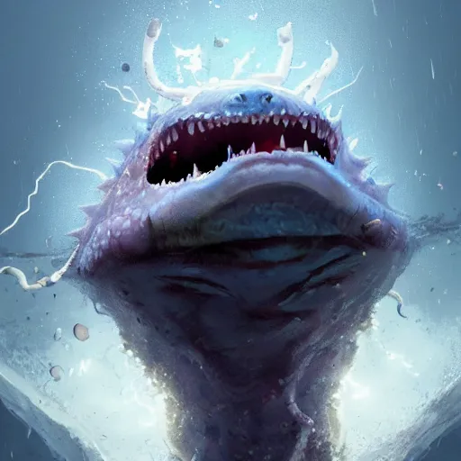 Prompt: shocked Axolotl hit by lightning from the sky in a small puddle, thunder, dramatic, dark, fantasy, digital art, hyperrealistic, Greg Rutkowski, Trending on Artstation, highly detailed