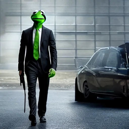 Prompt: kermit the frog as john wick in a still from the film john wick