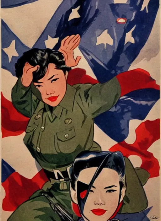 Image similar to beautiful asian female captain america standing on a pile of defeated, beaten and broken german soldiers. feminist captain america wins wwii. american wwii propaganda poster by james gurney. gorgeous face. overwatch