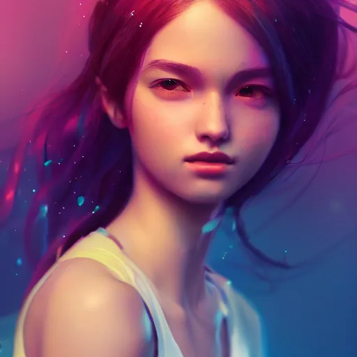 Image similar to A Stunning portrait of teen girl, art by Ross tran, vivid color palette, digital painting, 3D, octane render, post process in Photoshop, highly detailed, particles, light effect, volumetric lighting