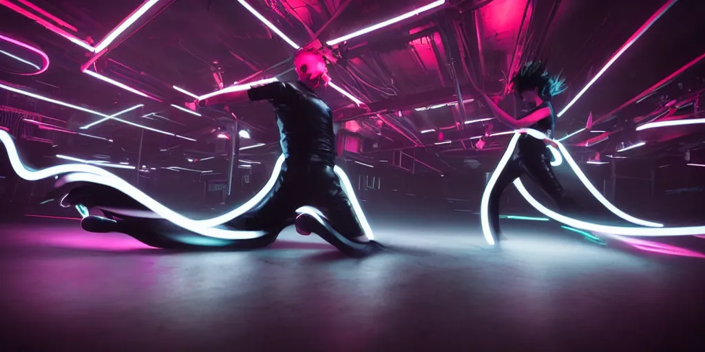 Image similar to break dancer wearing black latex with neon lights, long exposure shot, tron, cinematic view from lower angle, fog on the floor