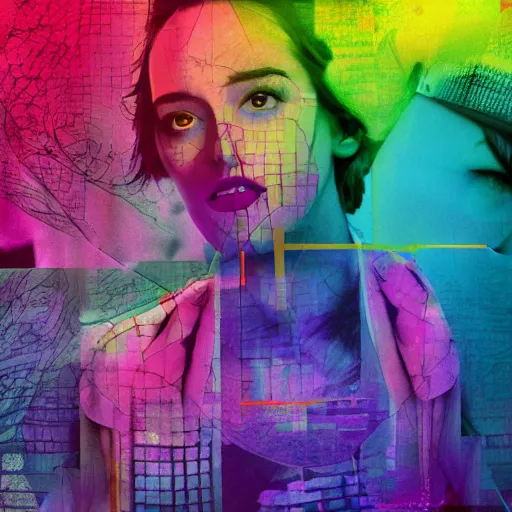 Prompt: overlayed digital media, triple exposure, vivid colours, digital collage