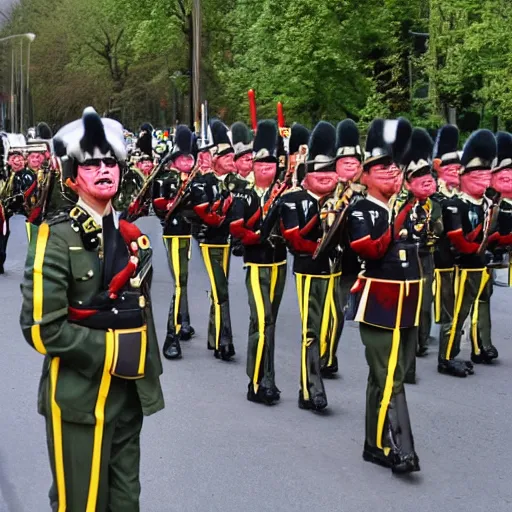 Image similar to a parade of the german army, the army is wearing clown hats.