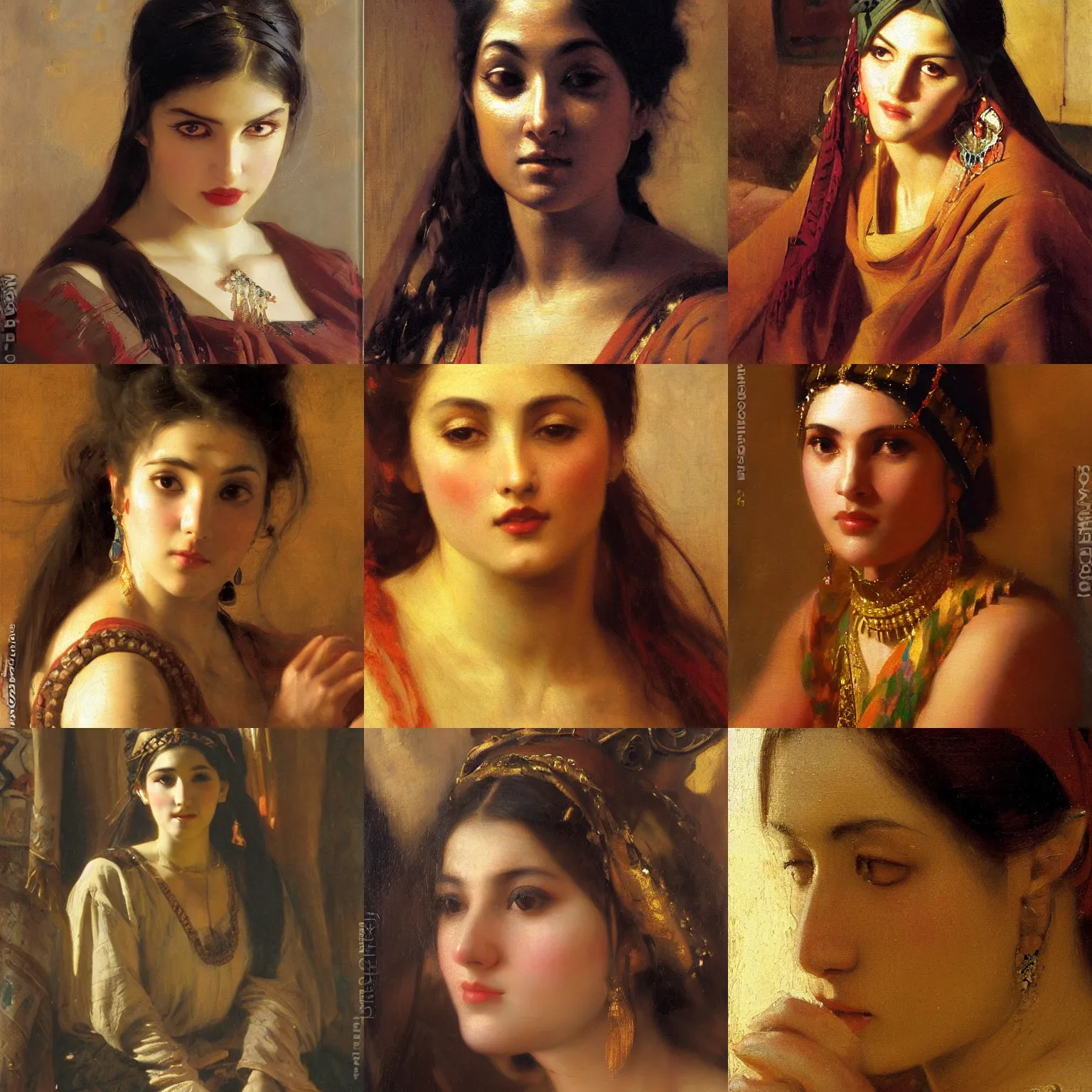 Prompt: orientalism painting of a young woman pouting at the camera face detail by theodore ralli and nasreddine dinet and anders zorn and nikolay makovsky and edwin longsden long, bronze age, sword and sorcery, oil on canvas, masterful intricate artwork, excellent lighting, high detail 8 k