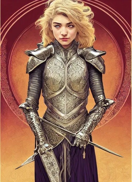 Image similar to centered portrait, Imogen Poots as a D&D paladin, blonde hair, intricate metal armour, Art Nouveau, beautiful retro Fantasy heroine 1985, intricate, elegant, highly detailed, centered, digital painting, trending on artstation, concept art, smooth, sharp focus, illustration, art by raphael lacoste, eddie mendoza, Mucha, alex ross, WLOP