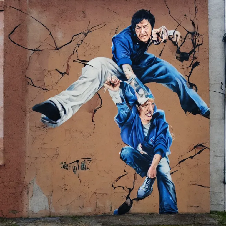 Image similar to Street-art full-body portrait of Jackie Chan in style of Etam Cru, photorealism