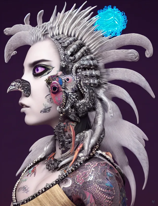 Image similar to 3 d goddess close - up profile portrait punk with mohawk with ram skull. beautiful intricately detailed japanese crow kitsune mask and clasical japanese kimono. betta fish, jellyfish phoenix, bio luminescent, plasma, ice, water, wind, creature, artwork by tooth wu and wlop and beeple and greg rutkowski