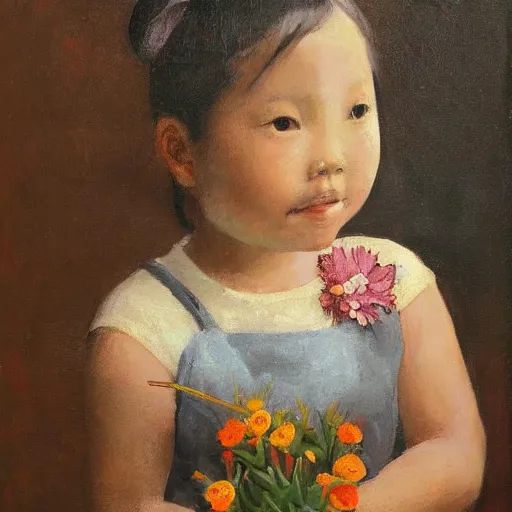 Prompt: Asian little girl holding flowers, bust, oil painting