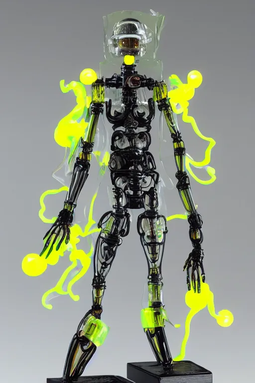 Image similar to a intricate anime figurine that looks like a transparent plastic robot with fluo colored details with yellow smoke, moody light, flemish painting
