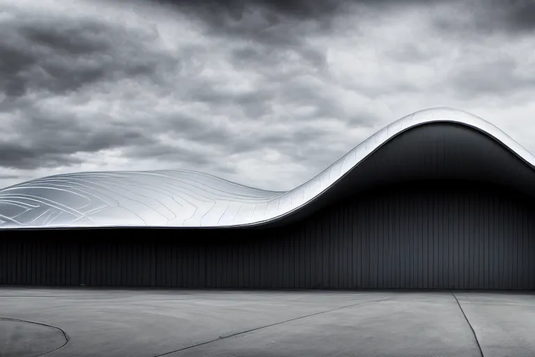 Image similar to A professional garage photograph of a futuristic space ship made of a slick metallic substance.