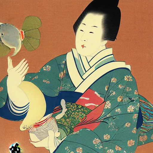 Image similar to painting of a 1 8 th century japanese woman holding a koi fish, colorful, by goshun matsumura, by toyohiko okamoto, by keibun matsumura