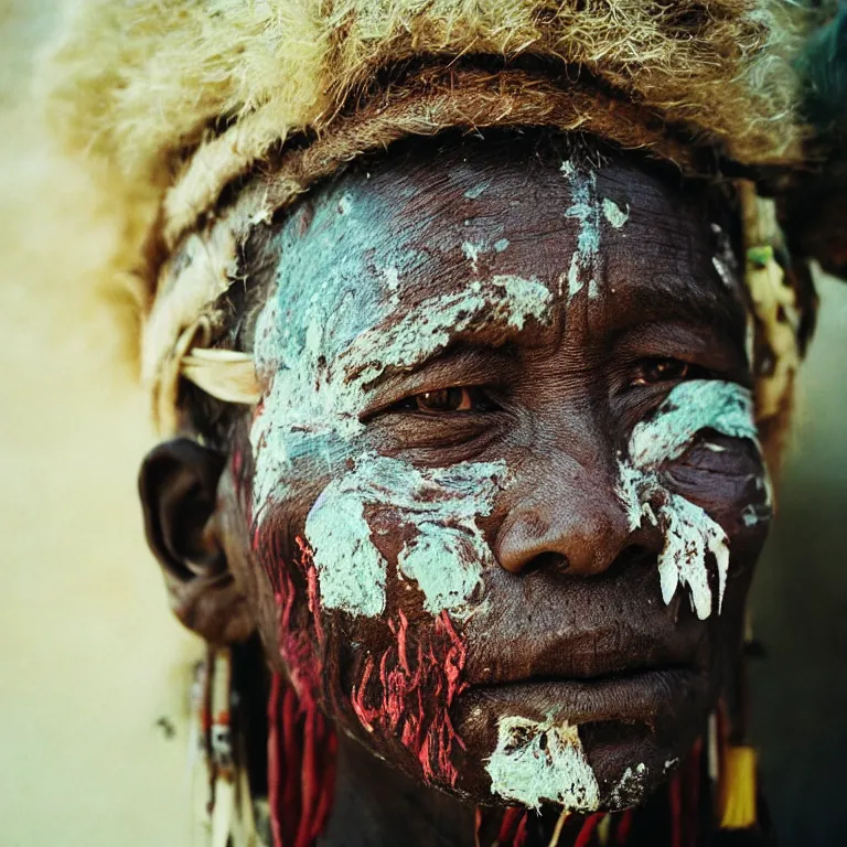 Image similar to realistic exposed expired fuji film portrait of a tribe leader with facial paintings and decorations, hyperrealism, hypermaximalism, photorealistic, detailed, atmospheric, 8 k, award winning photography, cinematic