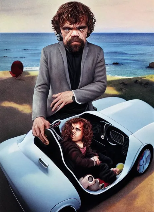 Prompt: ultrawide angle colour portrait masterpiece photography of peter dinklage driving a little tikes crazy coupe by annie leibovitz michael cheval miho hirano moebius josh kirb