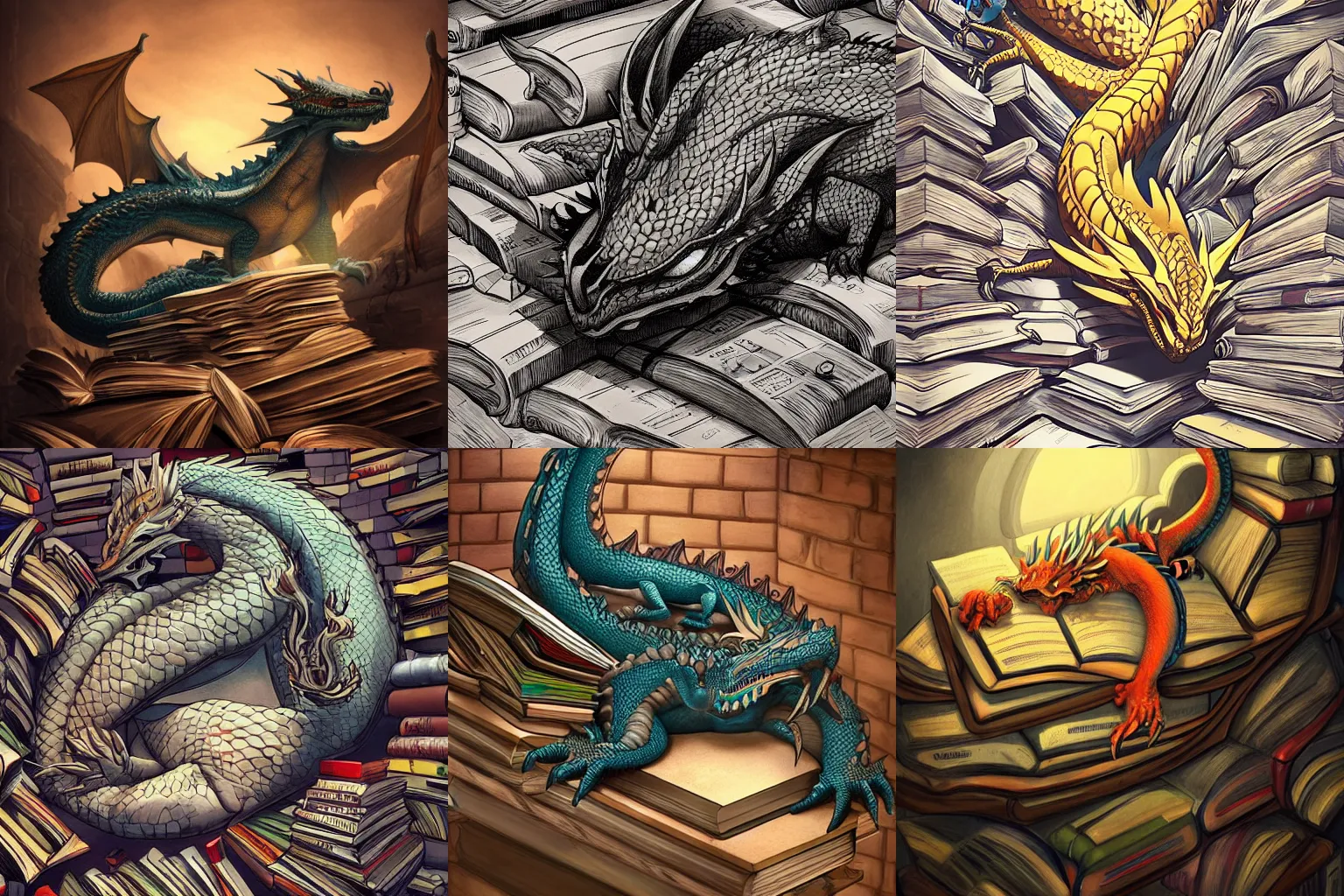 Image similar to A huge dragon sleeping on a hoard of books, by Randy Vargas. High angle. low light. Trending on Artstation. HQ