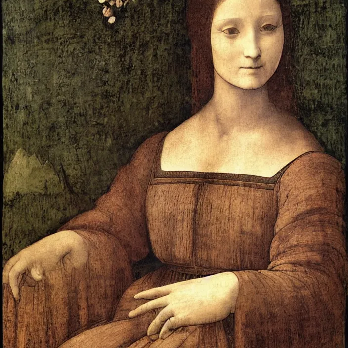 Image similar to a portrait of a woman painted by leonardo da vinci. the woman in the painting is shown seated with her hands folded in her lap. she is wearing a simple dress with a pattern of flowers. her hair is pulled back from her face and she has a small, faint smile. the background of the painting is a landscape of rolling hills and mountains.