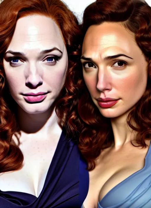 Image similar to a gorgeous christina hendricks and gal gadot hyrid, photo, professionally retouched, soft lighting, torso, legs, feet, long coat, realistic, smooth face, perfect eyes, wide angle, sharp focus on eyes, 8 k high definition, insanely detailed, intricate, elegant, art by artgerm, snowy winter