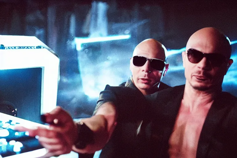 Prompt: pitbull taking a selfie with a fan while trapped in a pinball machine in 1 9 8 5, y 2 k cybercore, industrial low - light photography, still from a kiyoshi kurosawa movie