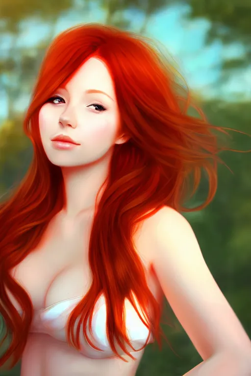 Image similar to portrait of stunningly beautiful redhead girl in a dawn light, trending on pixiv