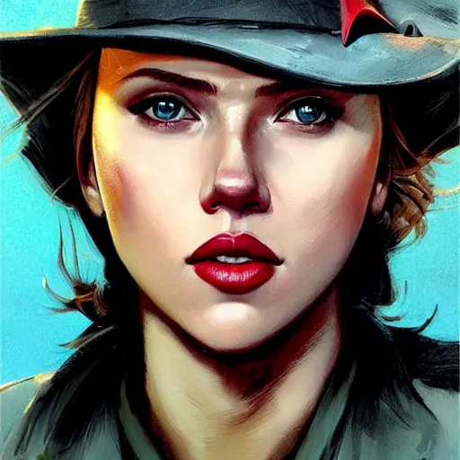 Image similar to portrait of scarlett johansson as a cowboy in wteam fortress 2 style, detailed face, dark fantasy art, fantasy, pretty, hd shot, digital portrait, beautiful, artstation, comic style, by artgerm, guy denning, jakub rozalski, magali villeneuve, neoartcore and charlie bowater