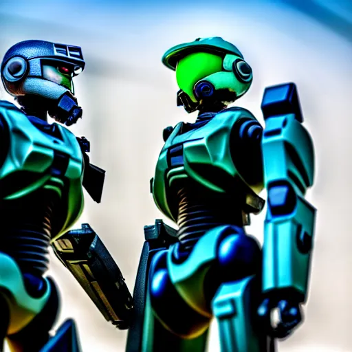 Image similar to Master Chief and Robocop, love at first sight, sigma 85mm f/1.4, 4k, depth of field, high resolution, 4k, 8k, hd, full color