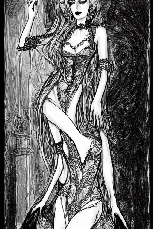 Image similar to pretty gothic sorceress wearing a tight dress with illustrious details, jewelry, ornated clothing, attractive, character concept, black and white drawing with a fine tip pen sketch