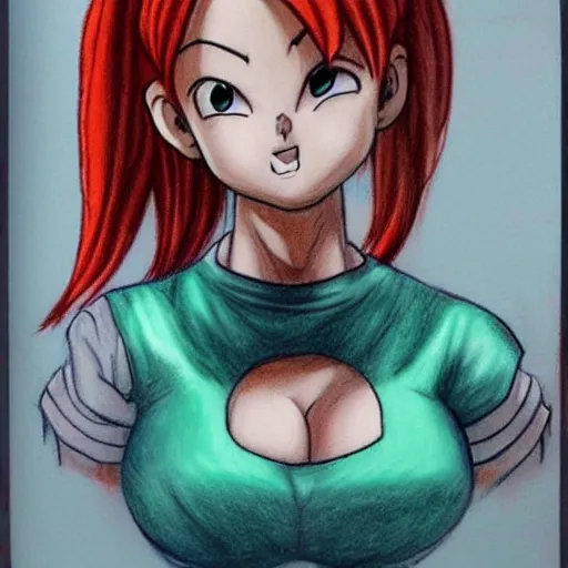 Image similar to hyper realistic drawing of bulma from dragonball z.